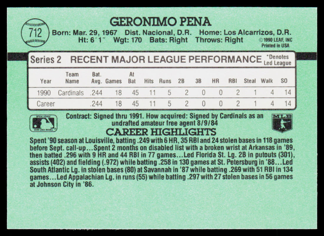 Geronimo Pena 1991 Donruss #712b St. Louis Cardinals