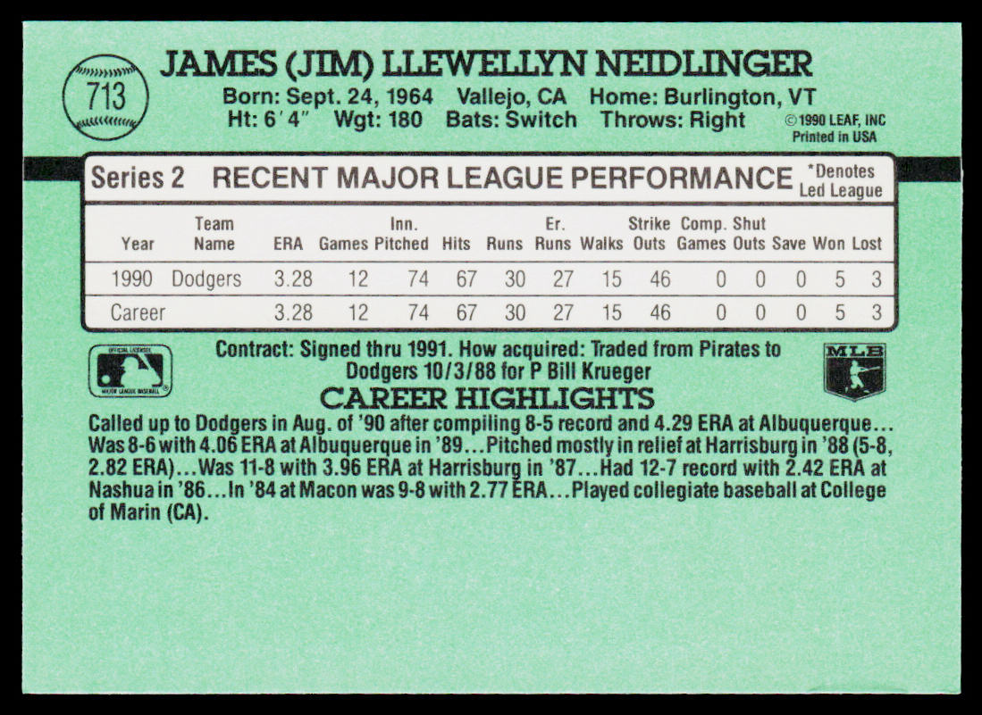 Jim Neidlinger 1991 Donruss #713b RC Los Angeles Dodgers