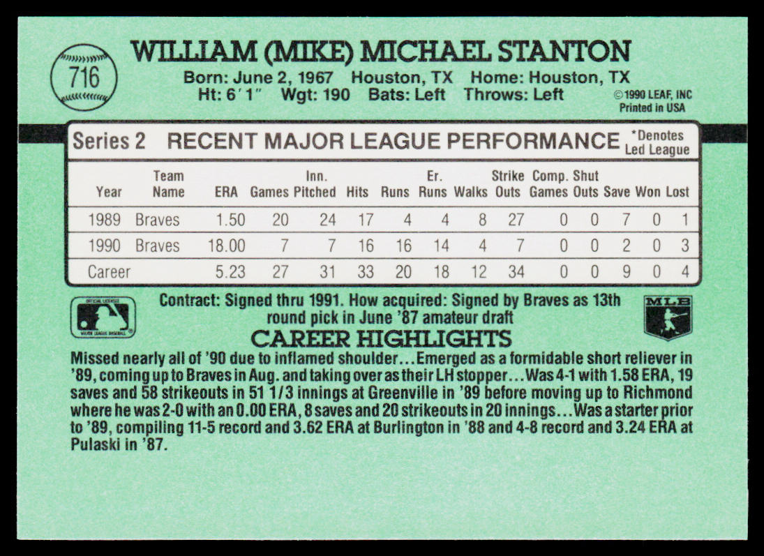 Mike Stanton 1991 Donruss #716b Atlanta Braves