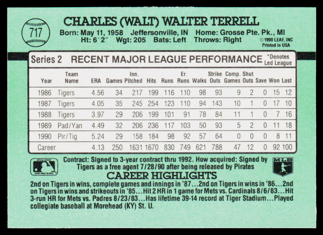 Walt Terrell 1991 Donruss #717 Detroit Tigers