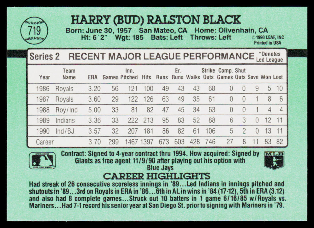 Bud Black 1991 Donruss #719 San Francisco Giants