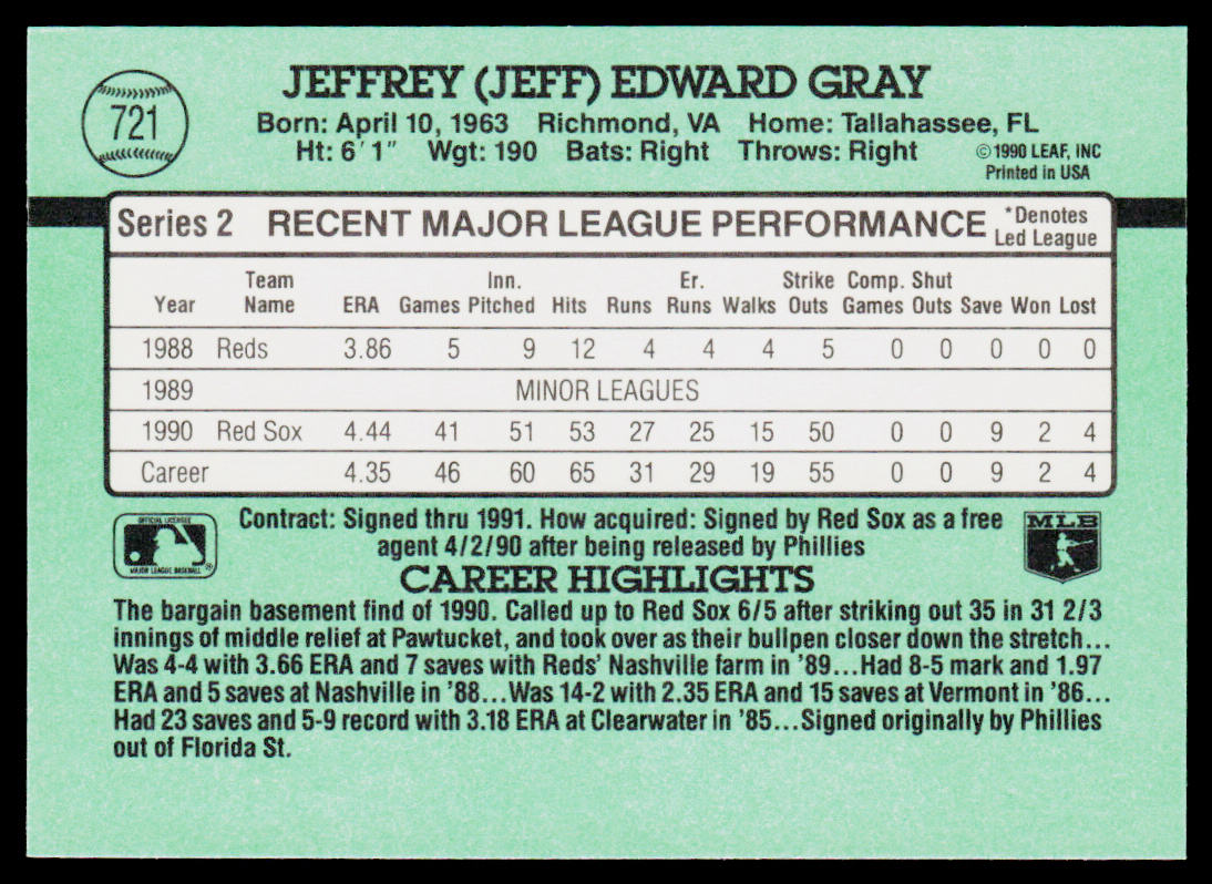 Jeff Gray 1991 Donruss #721b RC Boston Red Sox