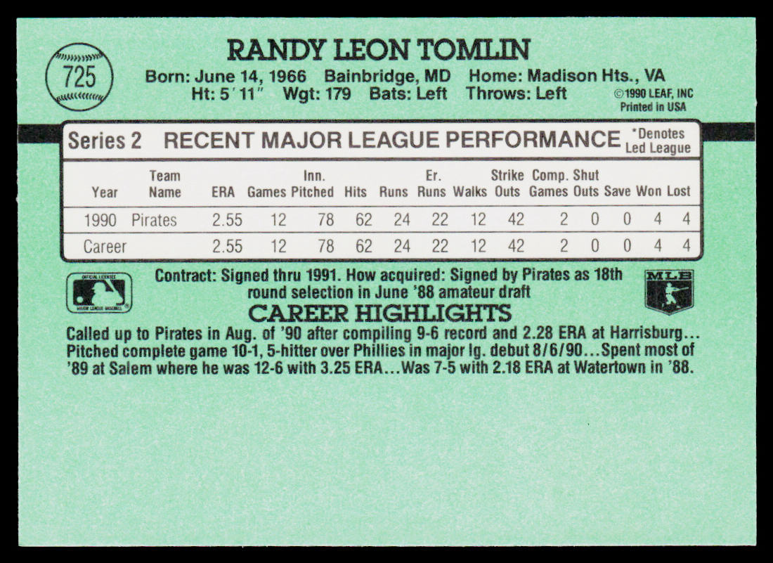 Randy Tomlin 1991 Donruss #725 RC Pittsburgh Pirates