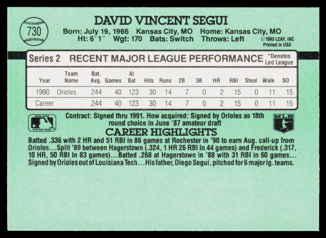 David Segui 1991 Donruss #730b Baltimore Orioles