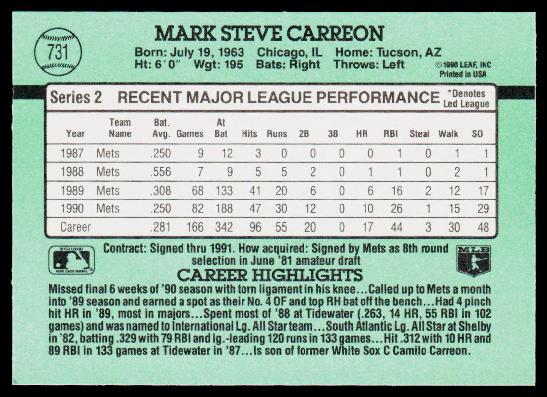 Mark Carreon 1991 Donruss #731b New York Mets
