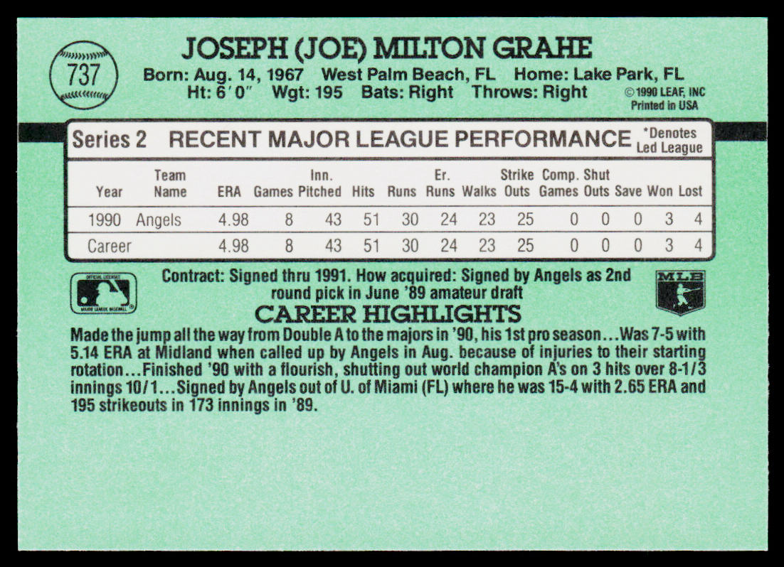 Joe Grahe 1991 Donruss #737 RC California Angels