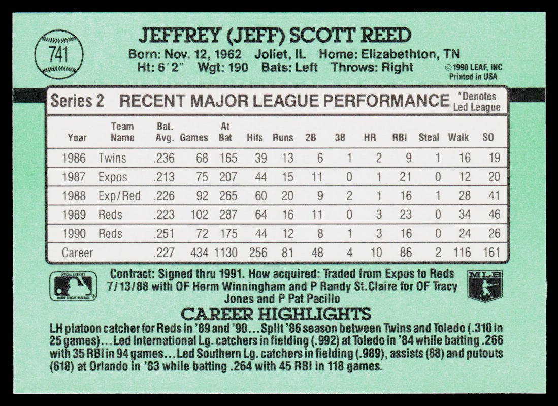 Jeff Reed 1991 Donruss #741b Cincinnati Reds