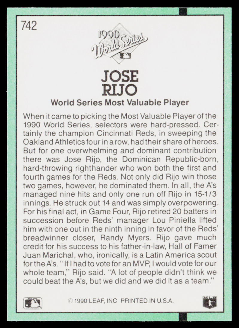 Jose Rijo 1991 Donruss #742b Cincinnati Reds