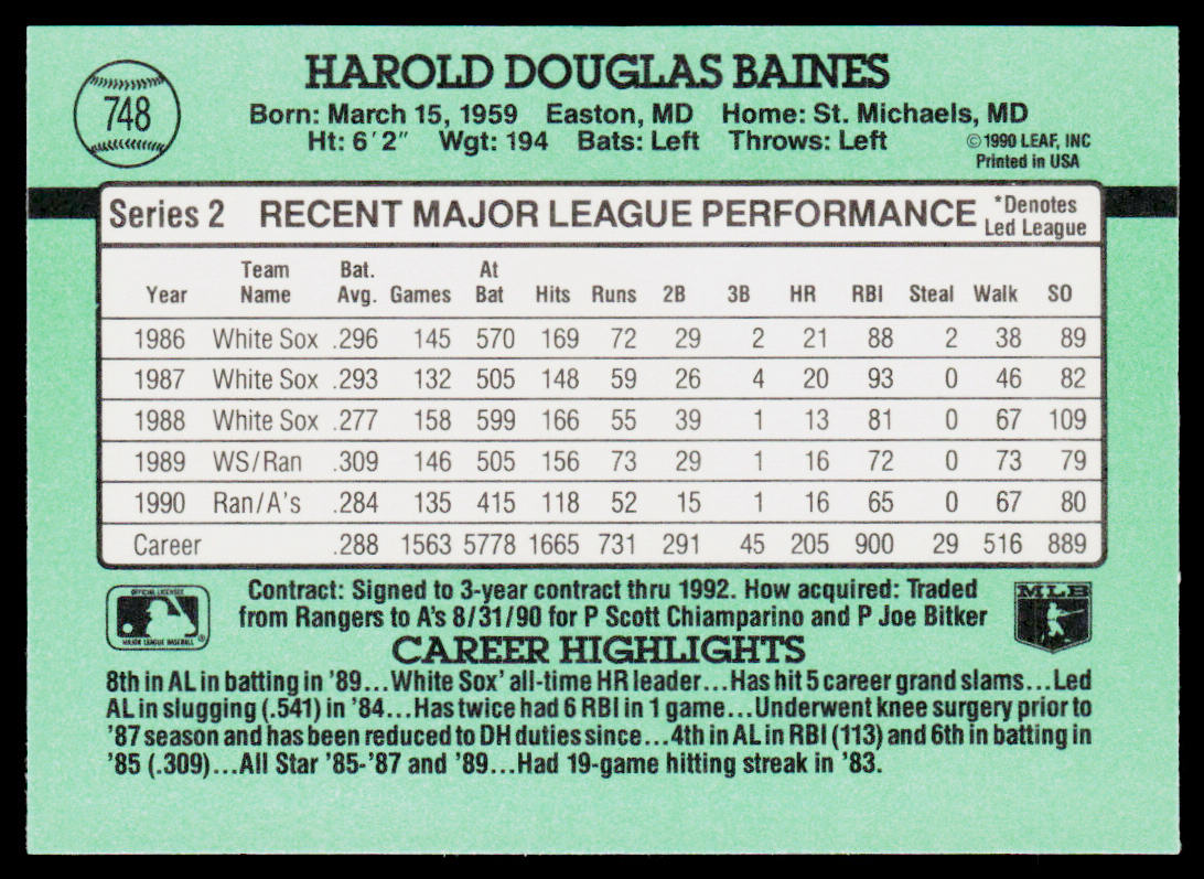 Harold Baines 1991 Donruss #748b Oakland Athletics