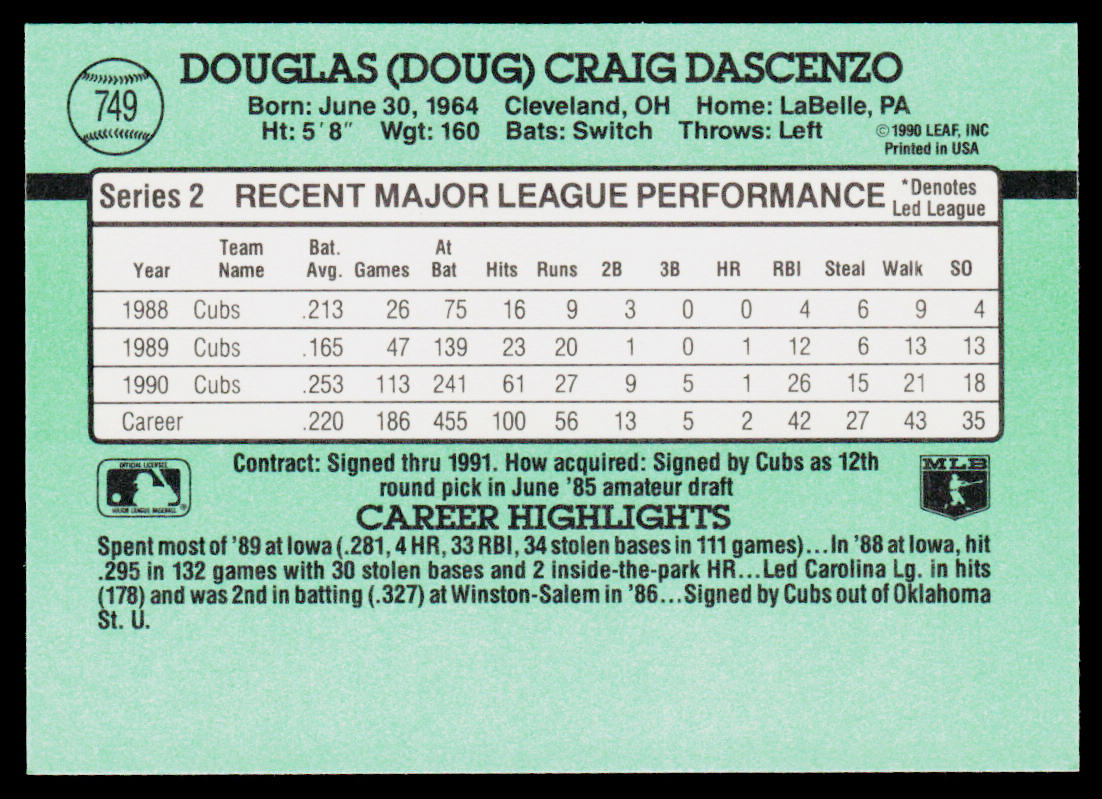 Doug Dascenzo 1991 Donruss #749b Chicago Cubs