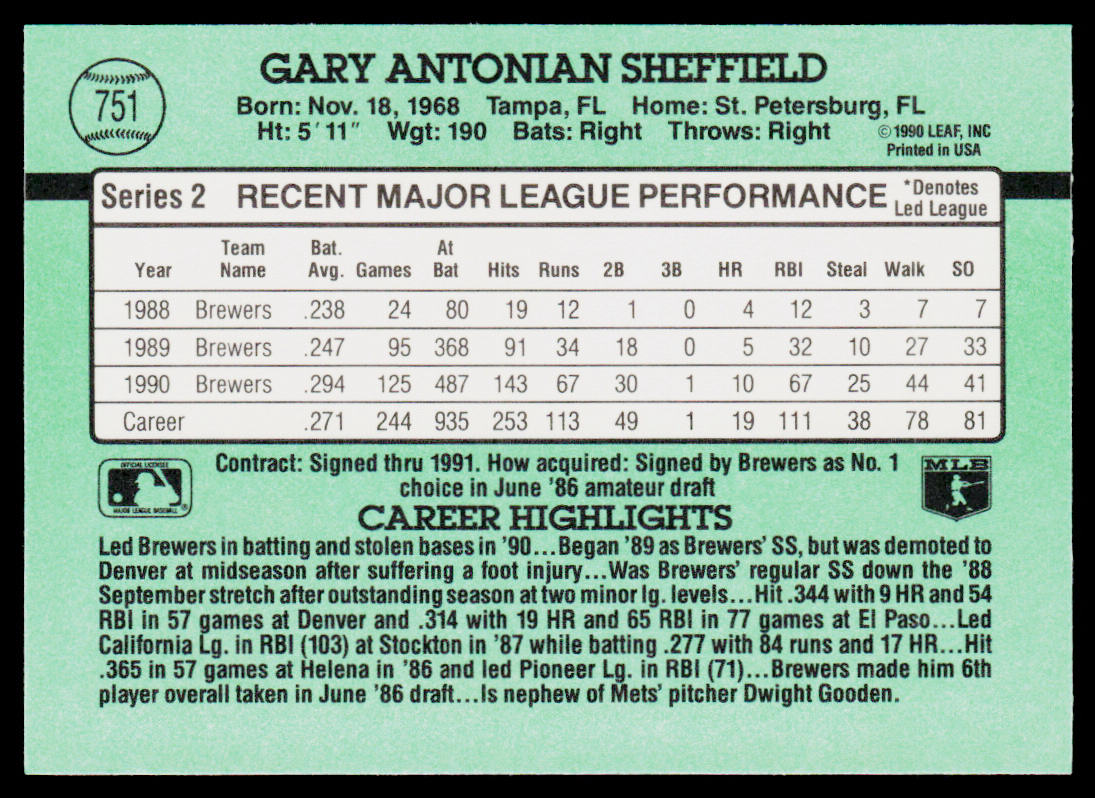 Gary Sheffield 1991 Donruss #751 Milwaukee Brewers