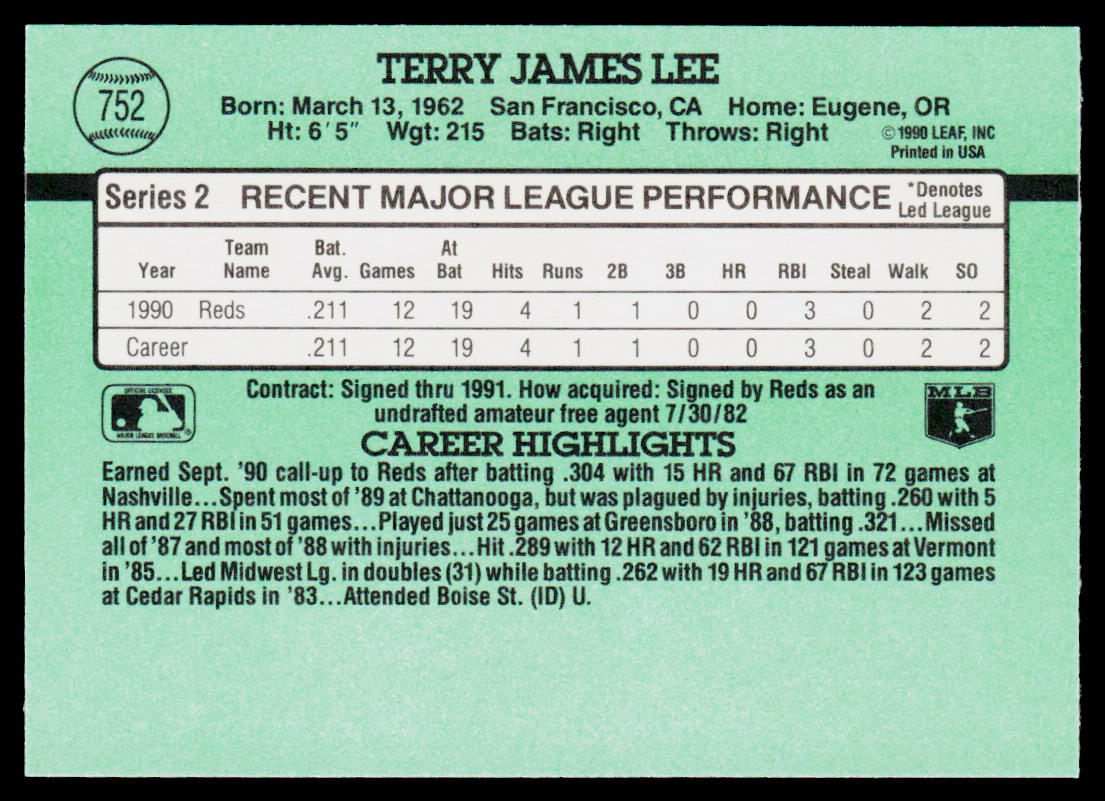 Terry Lee 1991 Donruss #752b RC Cincinnati Reds