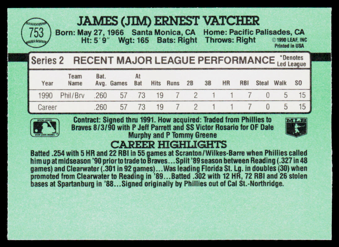Jim Vatcher 1991 Donruss #753b RC Atlanta Braves