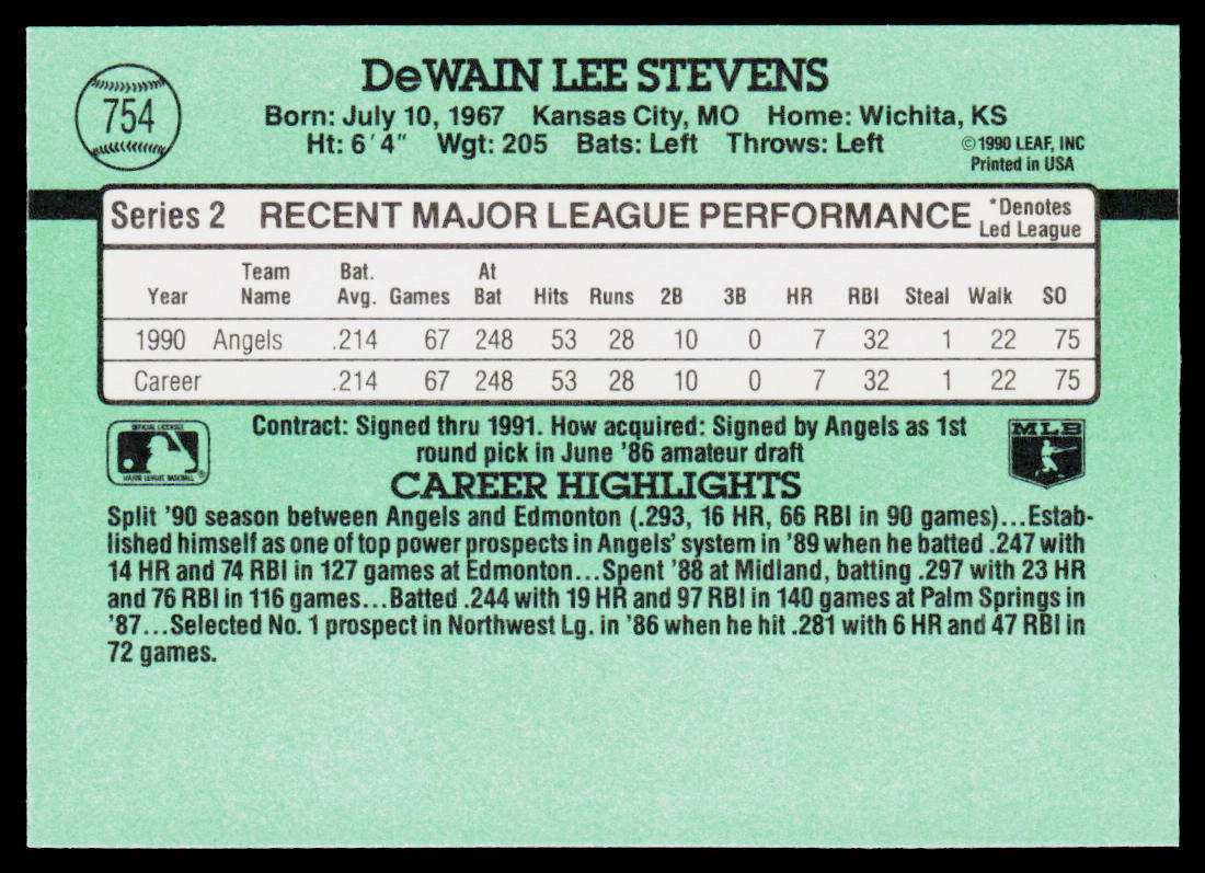 Lee Stevens 1991 Donruss #754b California Angels