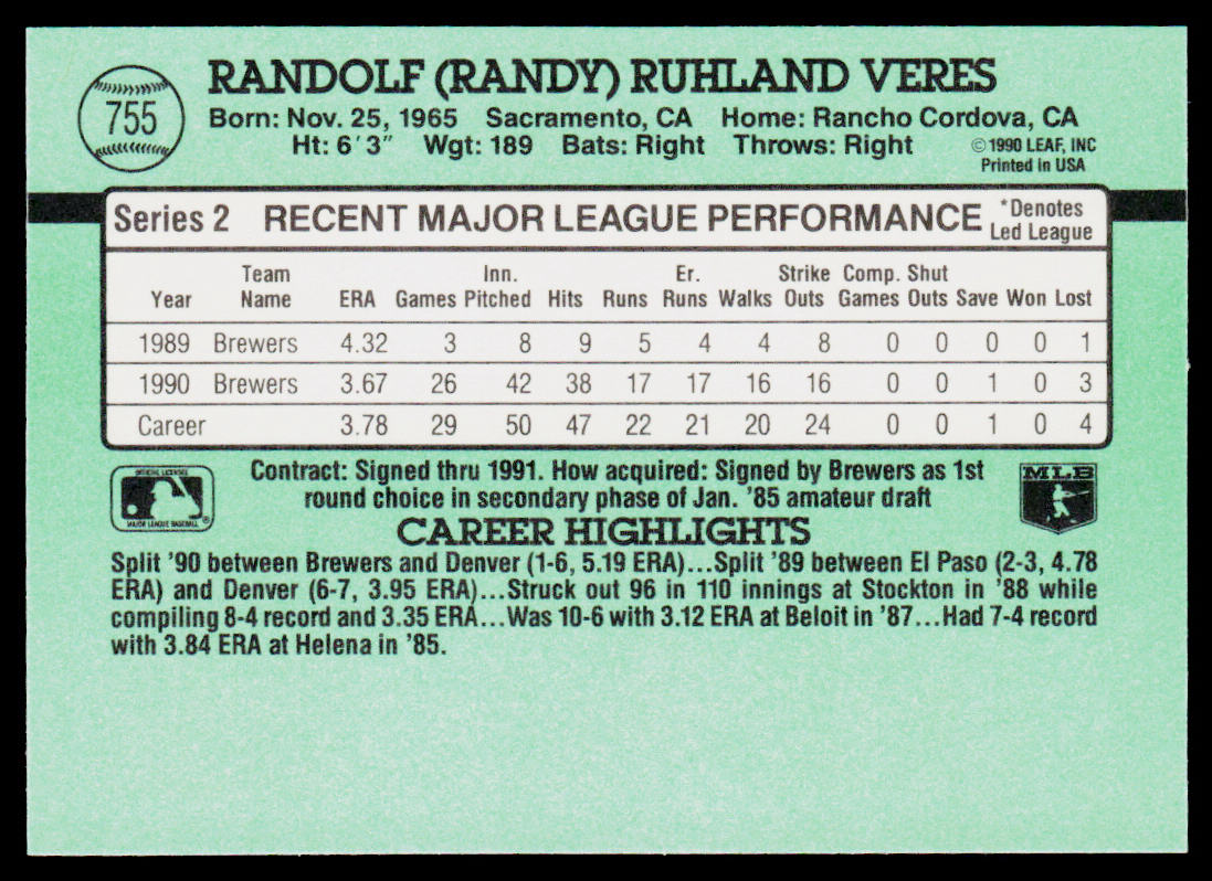 Randy Veres 1991 Donruss #755b Milwaukee Brewers