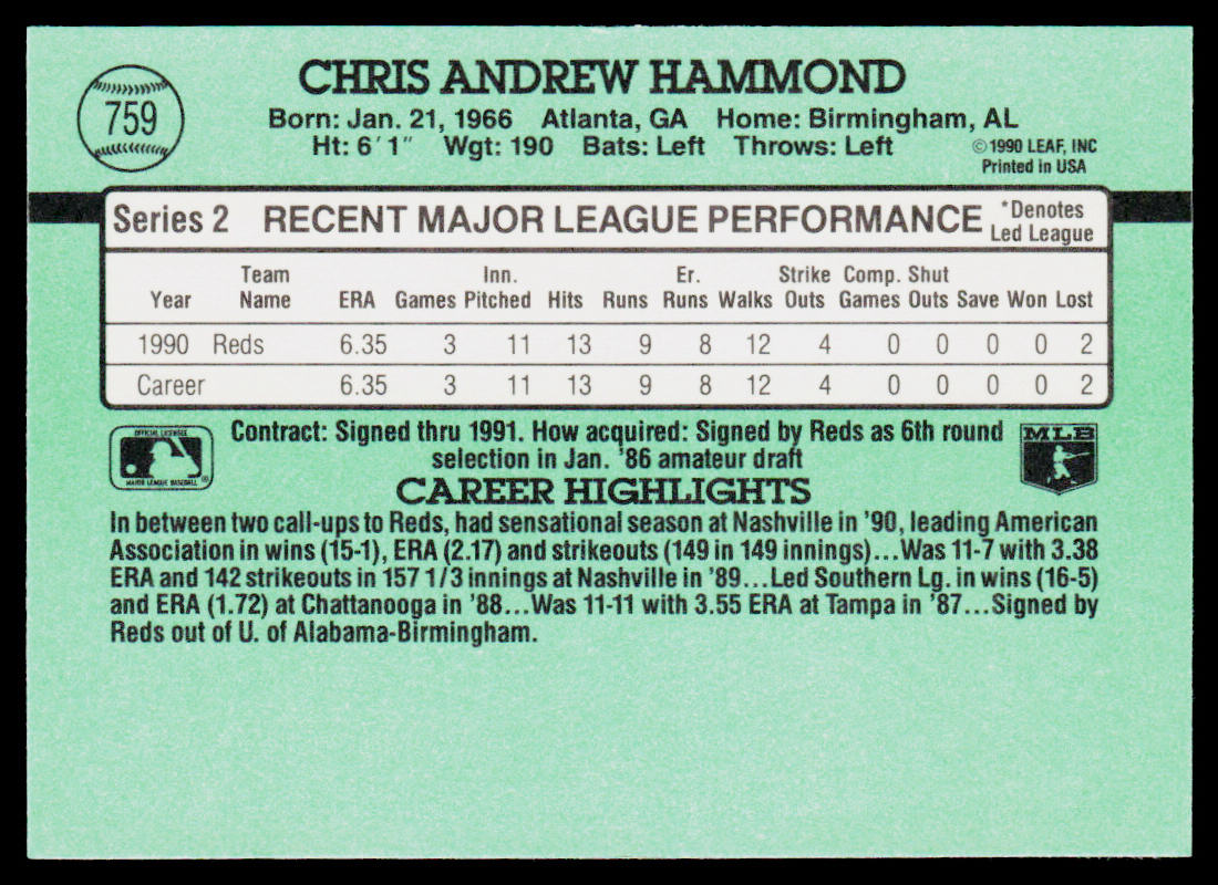 Chris Hammond 1991 Donruss #759 Cincinnati Reds