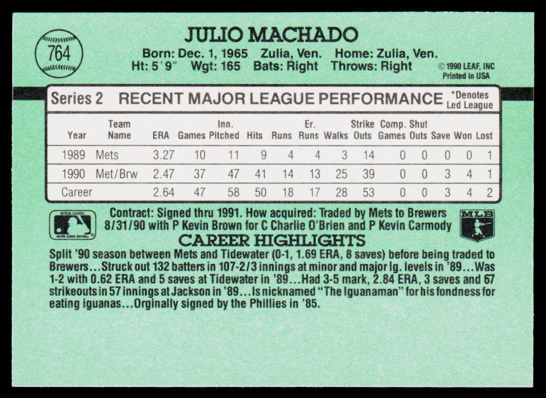 Julio Machado 1991 Donruss #764 Milwaukee Brewers