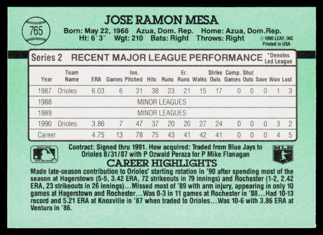 Jose Mesa 1991 Donruss #765b Baltimore Orioles