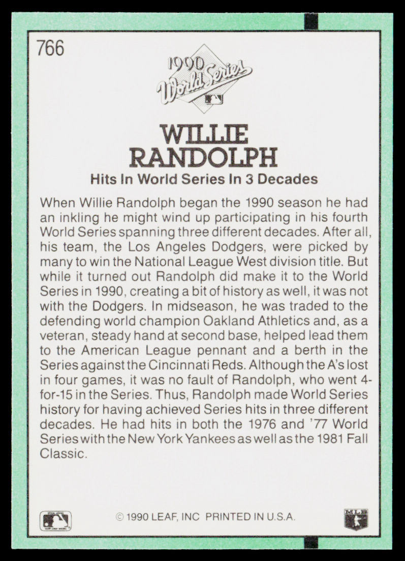 Willie Randolph 1991 Donruss #766b Oakland Athletics