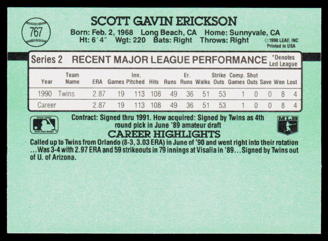 Scott Erickson 1991 Donruss #767c Minnesota Twins
