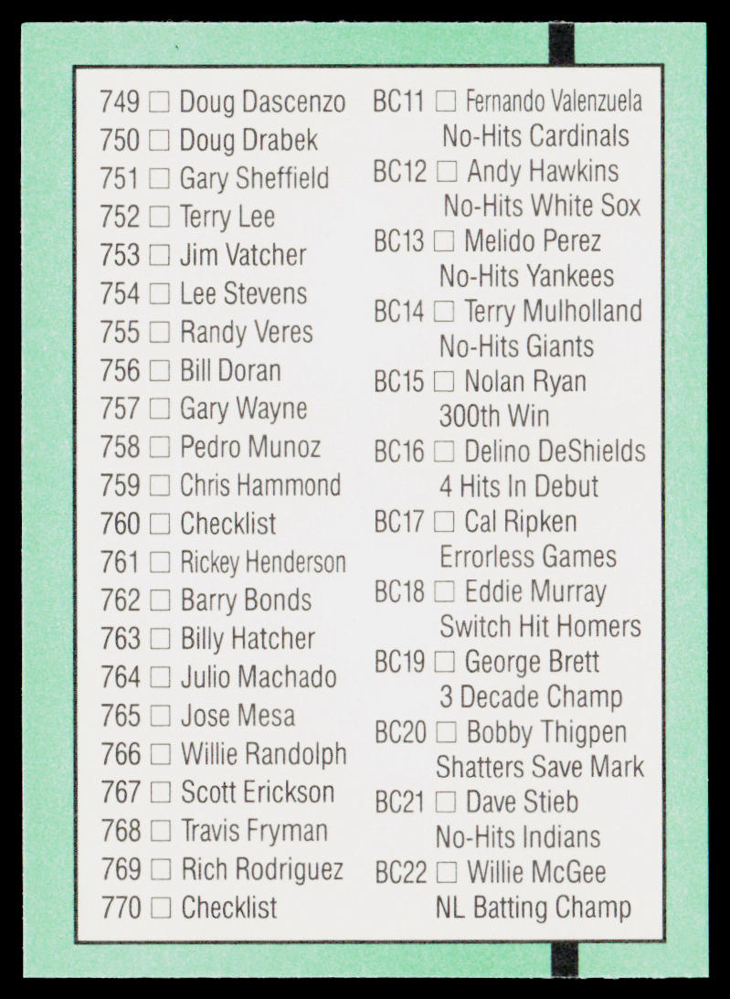 Checklist 703-770-and BC11-BC22 1991 Donruss #770b