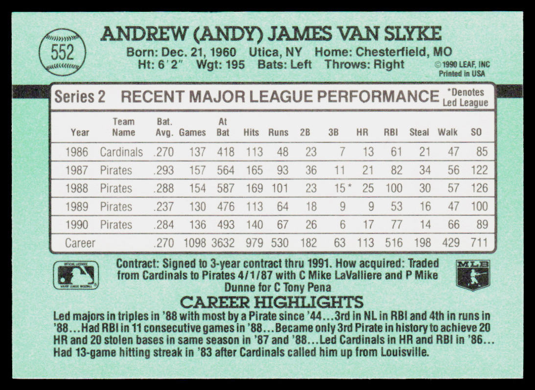 Andy Van Slyke 1991 Donruss #552 Pittsburgh Pirates