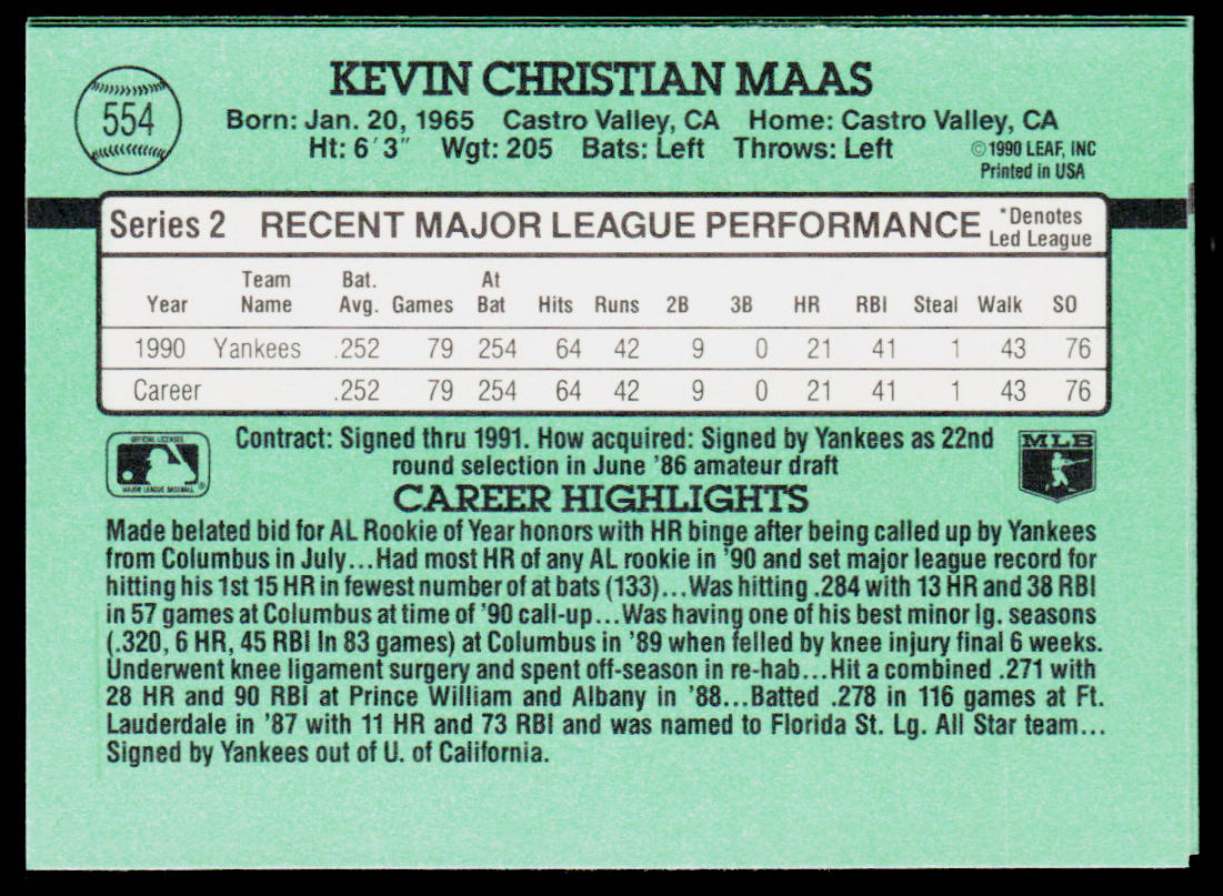 Kevin Maas 1991 Donruss #554 New York Yankees
