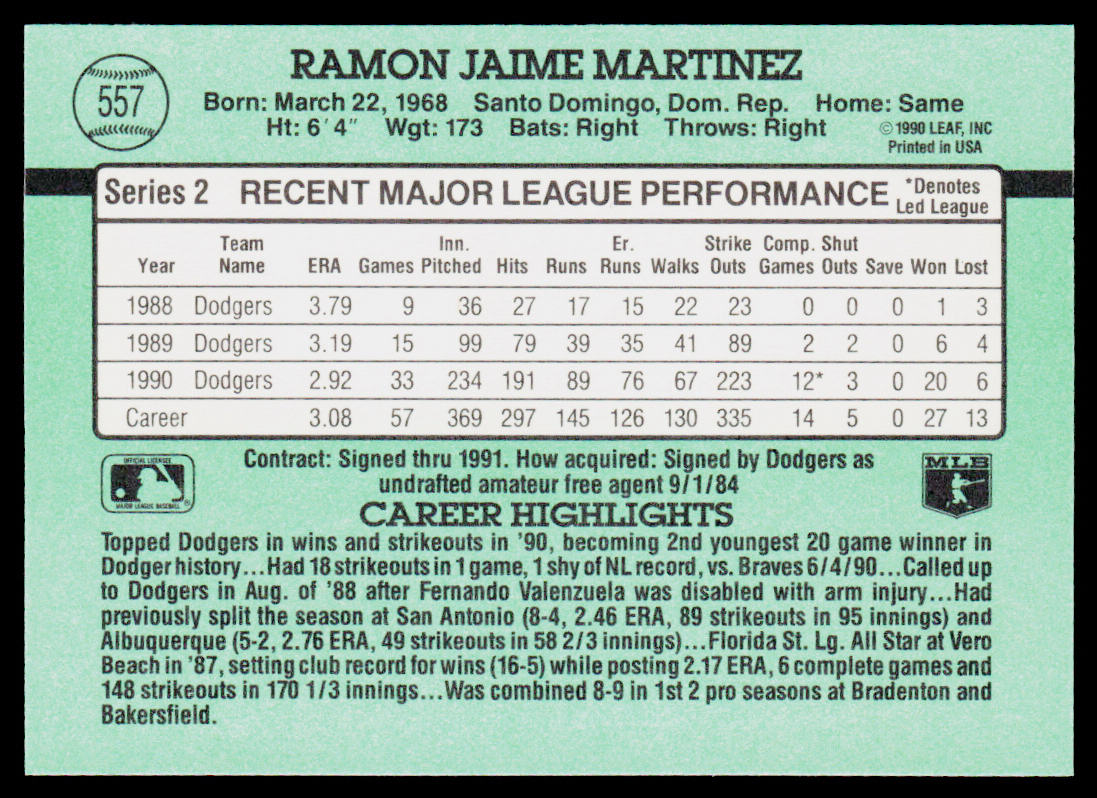 Ramon Martinez 1991 Donruss #557 Los Angeles Dodgers