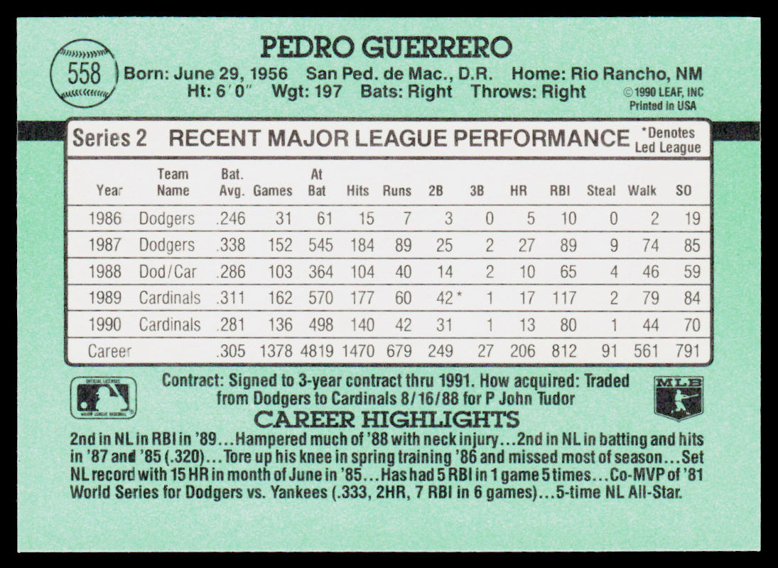 Pedro Guerrero 1991 Donruss #558 St. Louis Cardinals