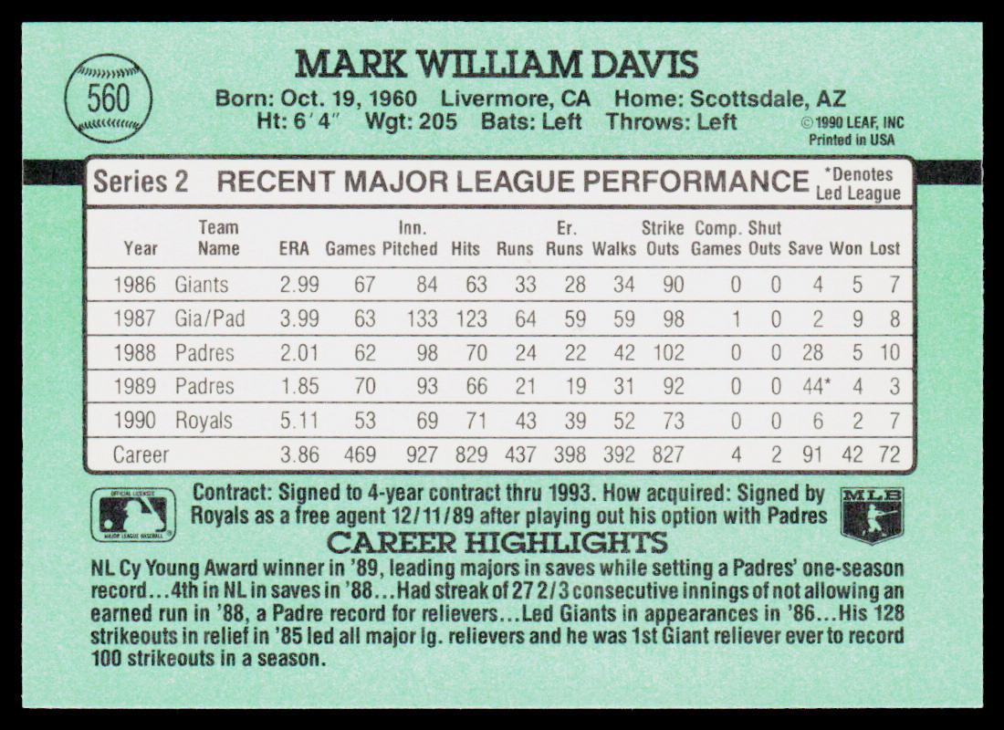 Mark Davis 1991 Donruss #560 Kansas City Royals