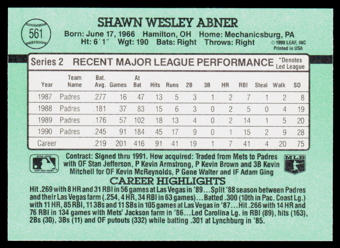 Shawn Abner 1991 Donruss #561 San Diego Padres