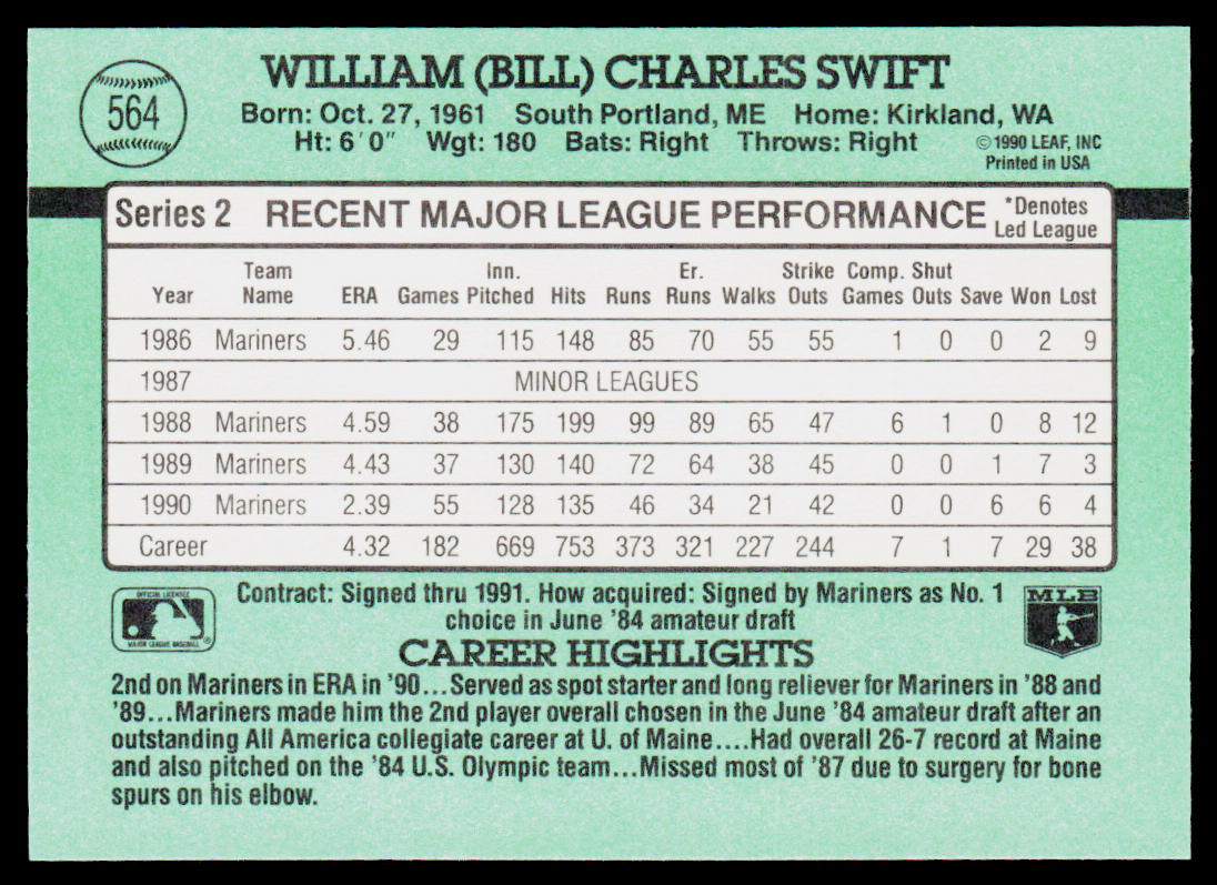 Bill Swift 1991 Donruss #564 Seattle Mariners
