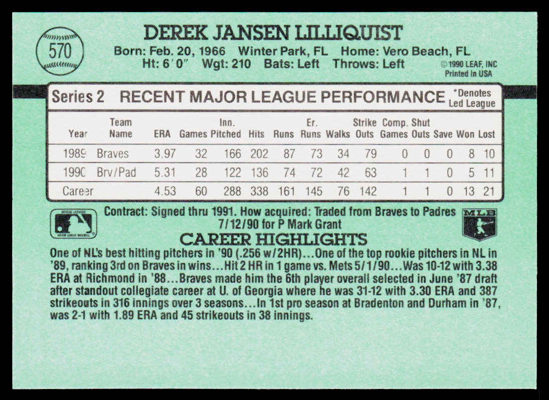 Derek Lilliquist 1991 Donruss #570 San Diego Padres