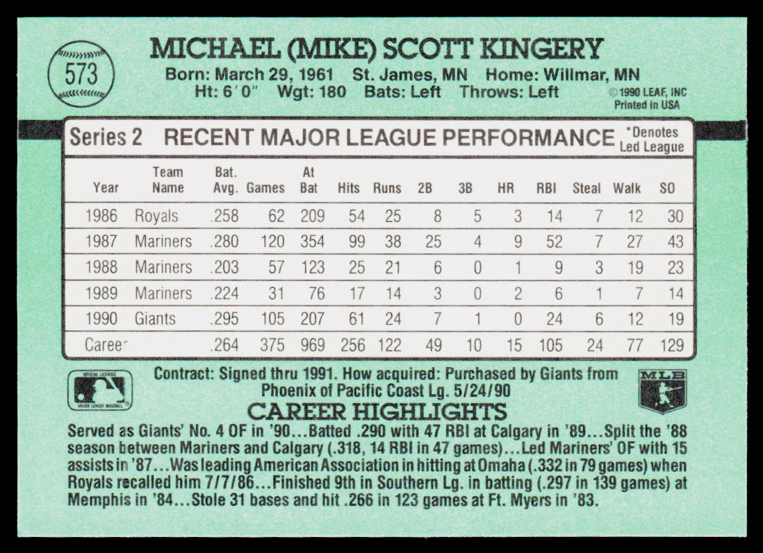 Mike Kingery 1991 Donruss #573 San Francisco Giants