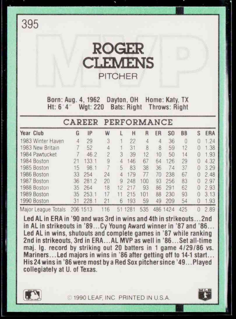 Roger Clemens 1991 Donruss #395 Boston Red Sox