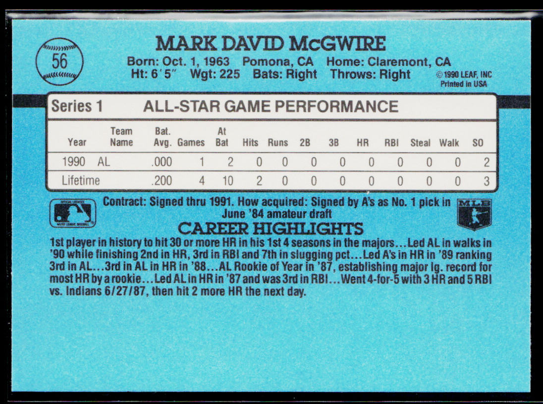 Mark McGwire 1991 Donruss #56 Oakland Athletics
