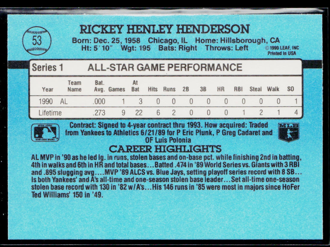 Rickey Henderson 1991 Donruss #53 Oakland Athletics