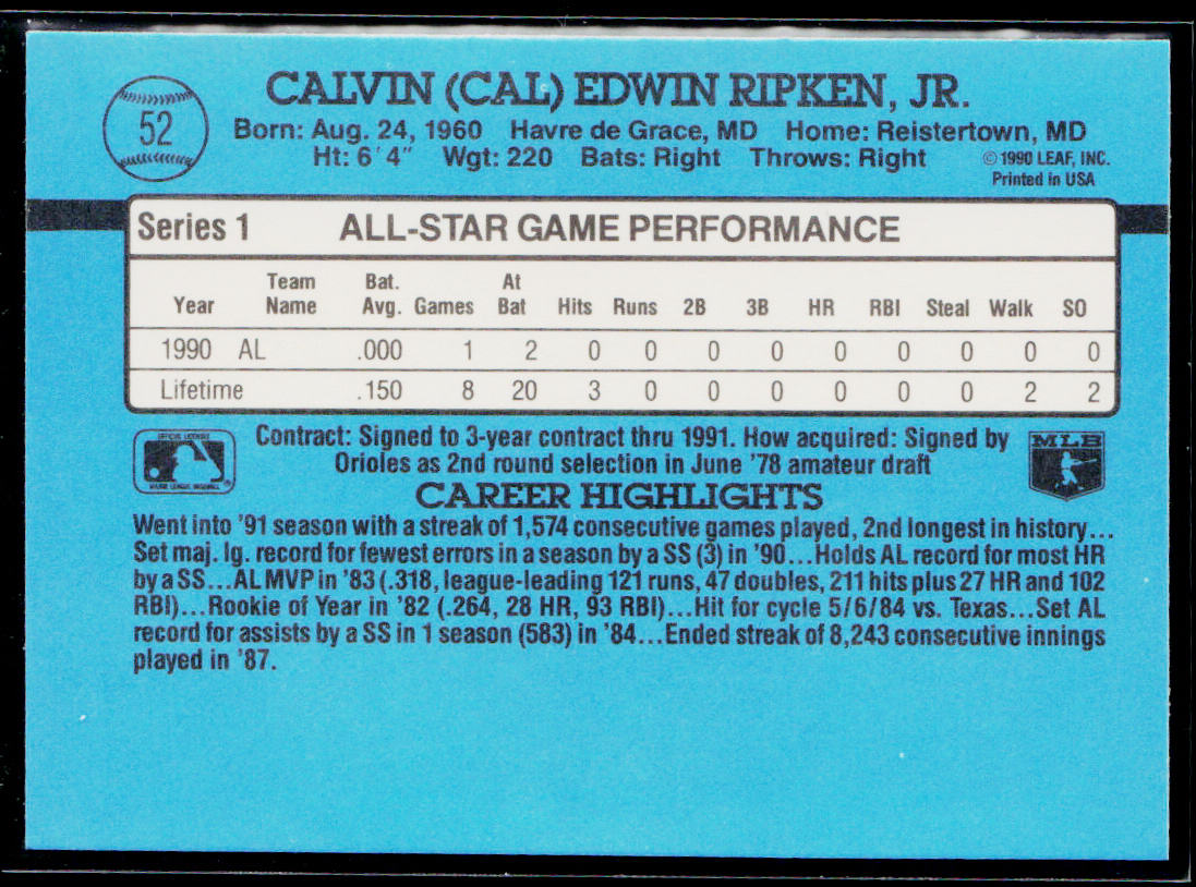 Cal Ripken 1991 Donruss #52 Baltimore Orioles
