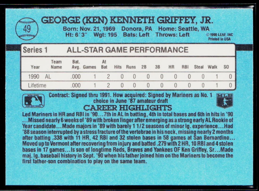 Ken Griffey Jr. 1991 Donruss #49c Seattle Mariners