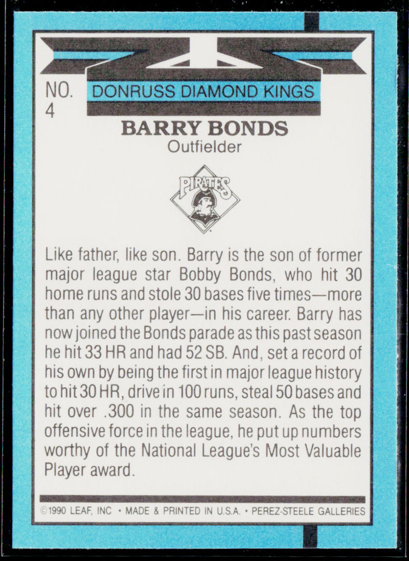Barry Bonds 1991 Donruss #4c Pittsburgh Pirates
