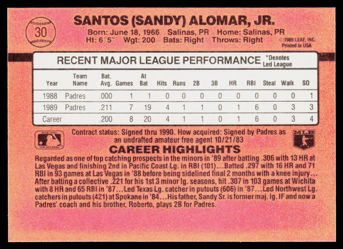 Sandy Alomar, Jr. 1990 Donruss #30 San Diego Padres