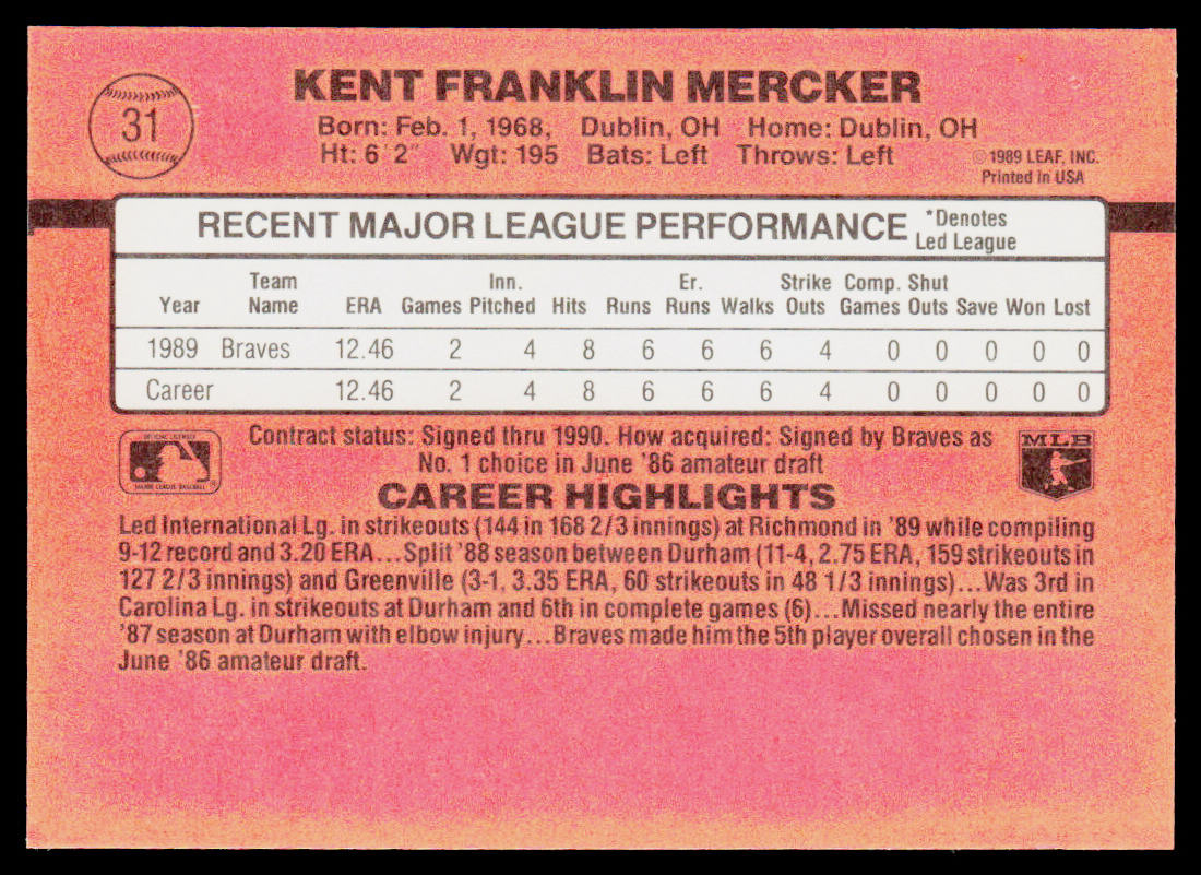 Kent Mercker 1990 Donruss #31b RC Atlanta Braves