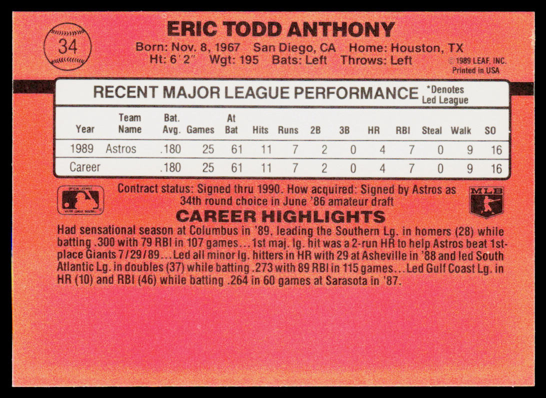 Eric Anthony 1990 Donruss #34c RC Houston Astros