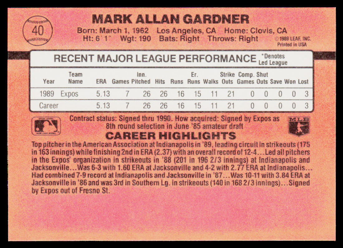 Mark Gardner 1990 Donruss #40 RC Montreal Expos