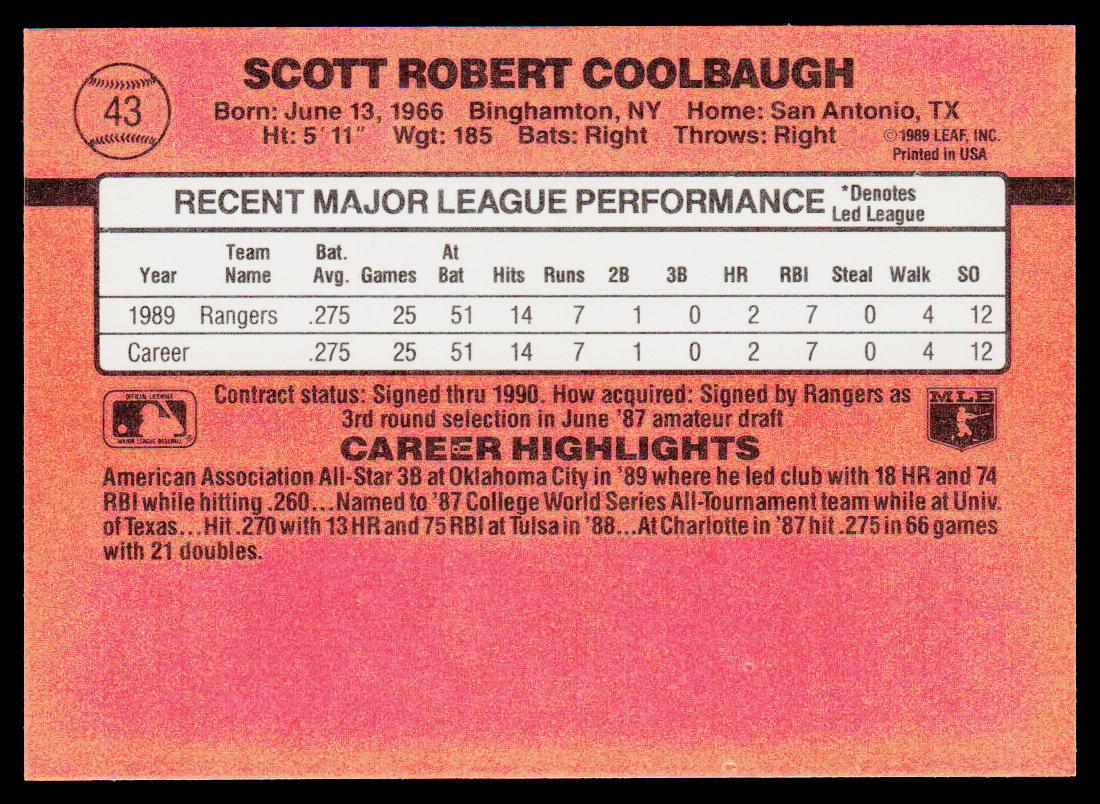 Scott Coolbaugh 1990 Donruss #43c RC Texas Rangers
