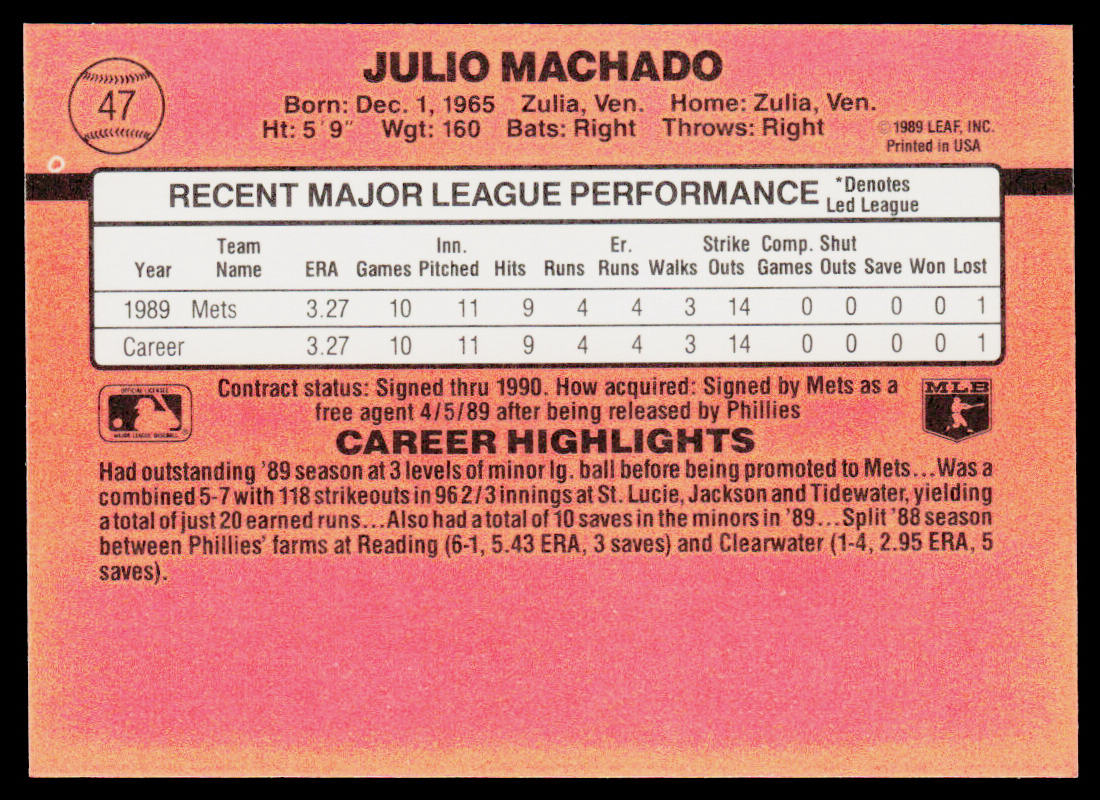 Julio Machado 1990 Donruss #47 RC New York Mets