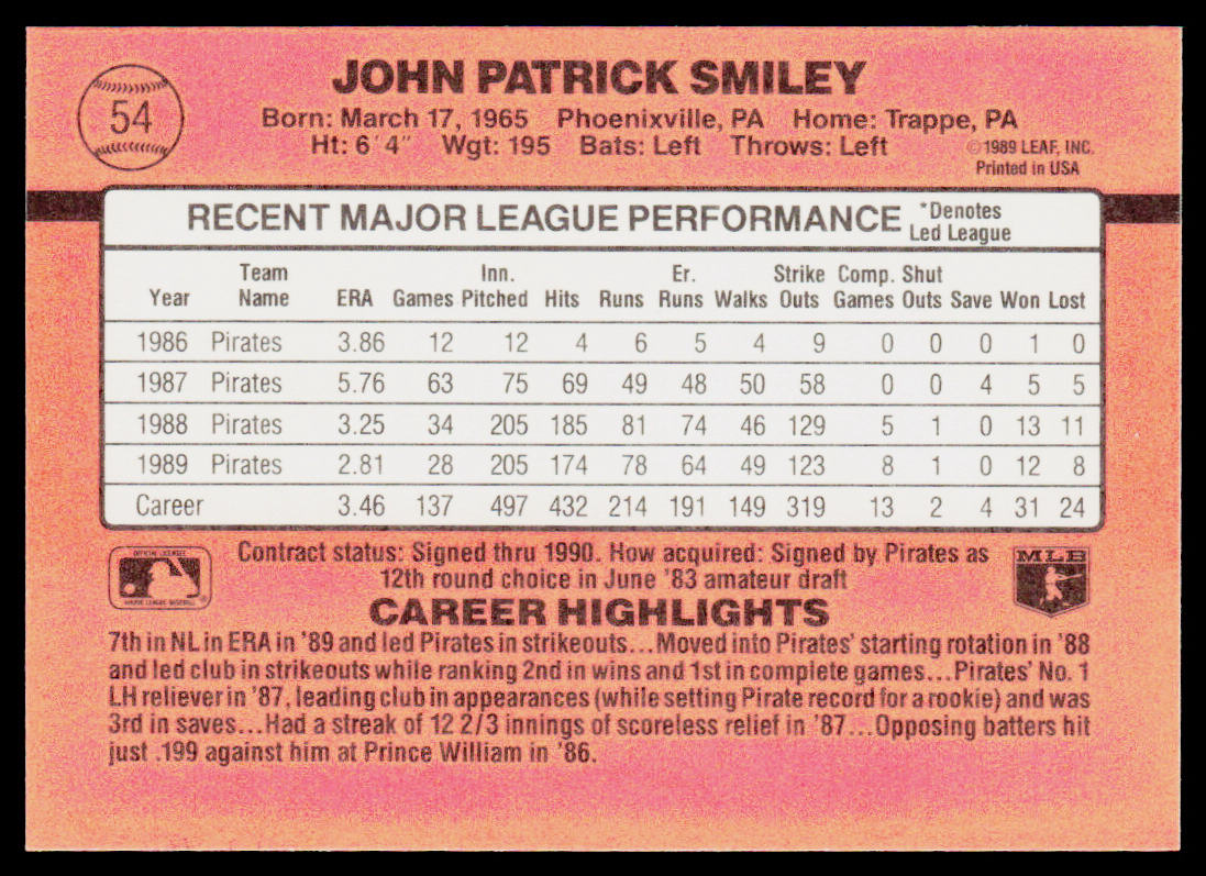 John Smiley 1990 Donruss #54b Pittsburgh Pirates