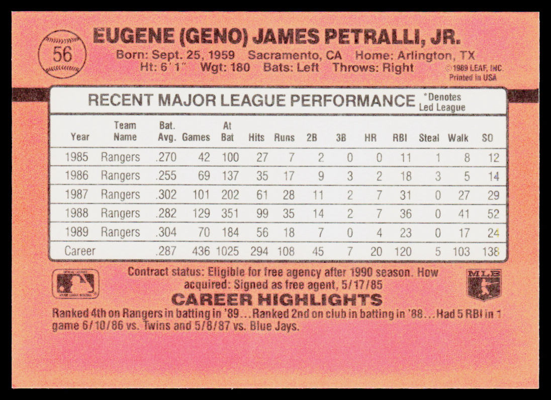 Geno Petralli 1990 Donruss #56 Texas Rangers