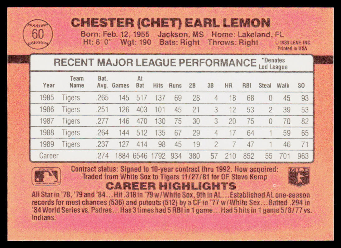 Chet Lemon 1990 Donruss #60c Detroit Tigers