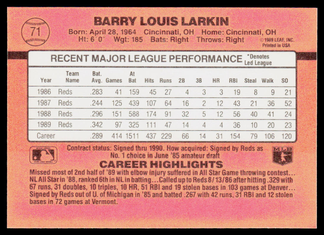 Barry Larkin 1990 Donruss #71c Cincinnati Reds